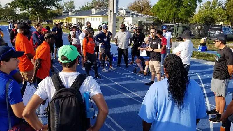 Coaches meeting at Dade County Youth Fair HS Track & Field Championship on April 2nd, 2022.