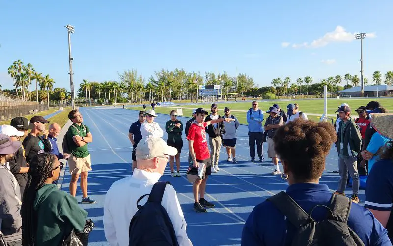 Coaches meeting at Dade County Youth Fair HS Track & Field Championship on March 17th, 2023.