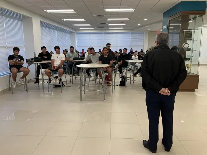 FNU President Mr. Frank Andreu addressing the FNU Baseball team on March 20th, 2023.