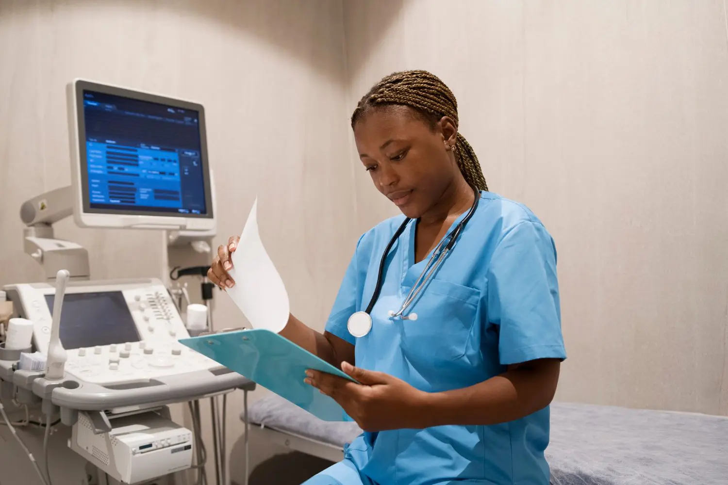 Nurse wearing scrubs while working in the clinic.