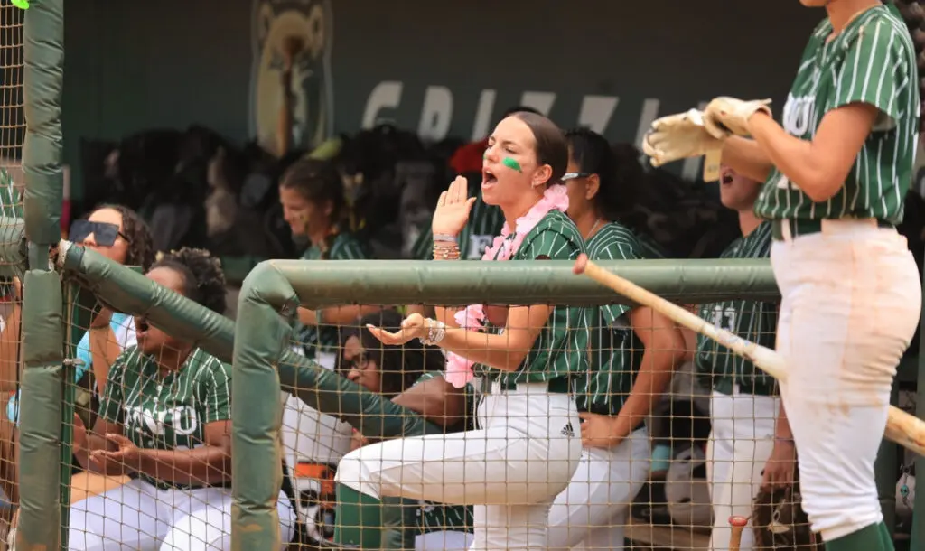 FNU outfielder Alexis Lendo cheering.