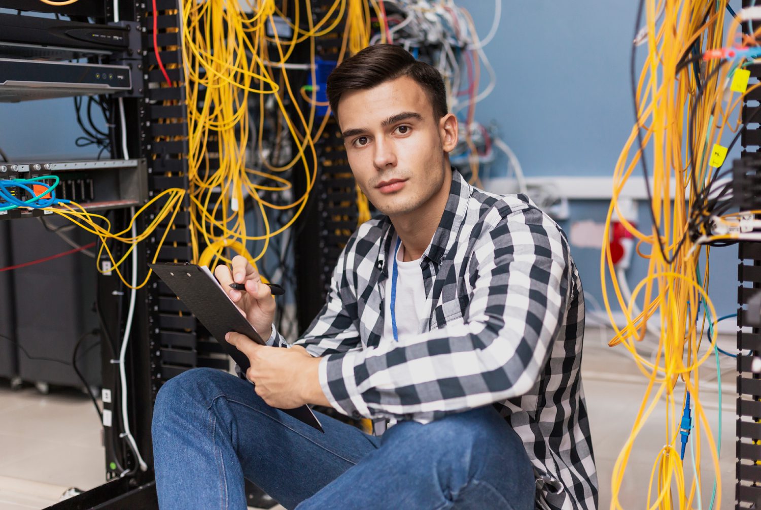 Engineer writing on clipboard while working on network cables.