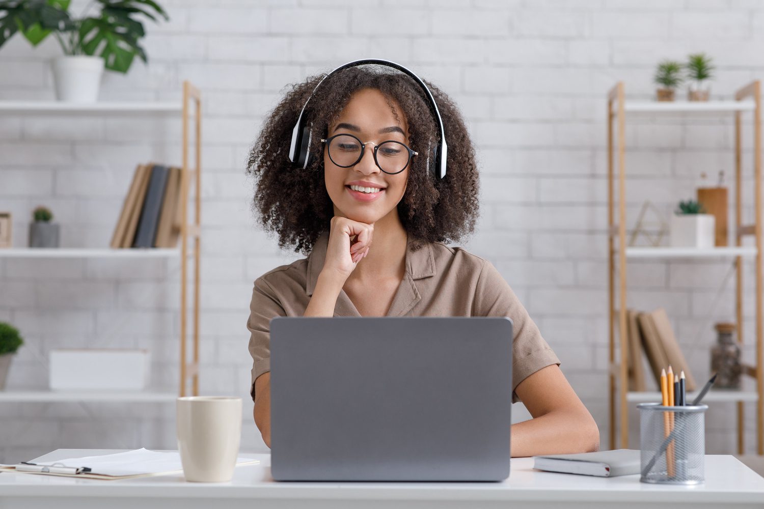 Woman Listening English In Headphones Enjoying In Library